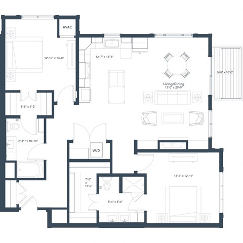 Floor plan for 2 beds, 2 baths, 1383 sqft